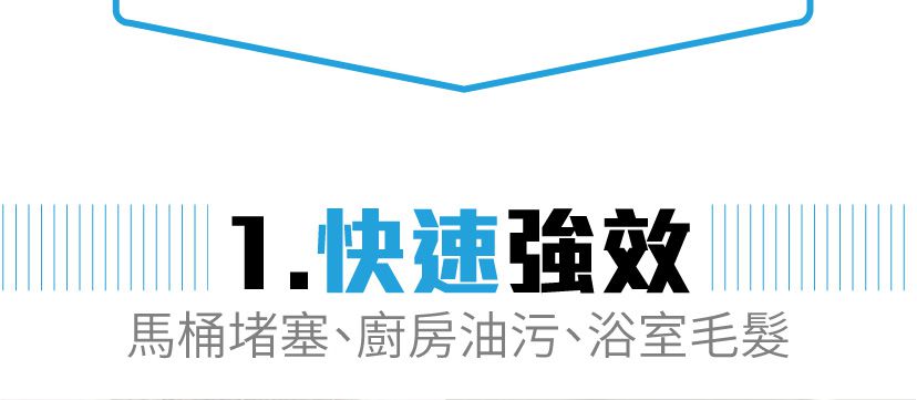 第一：快速強效。馬桶堵塞，廚房油污，浴室毛髮